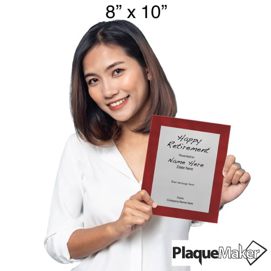 Size Guide With Woman Holding 8 By 10 Silver Aluminum Plaque With Red Acrylic Board And Printed Happy Retirement Message