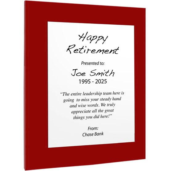 Custom White Aluminum Plaque With Red Acrylic Board And Printed With Happy Retirement Message Against White Background
