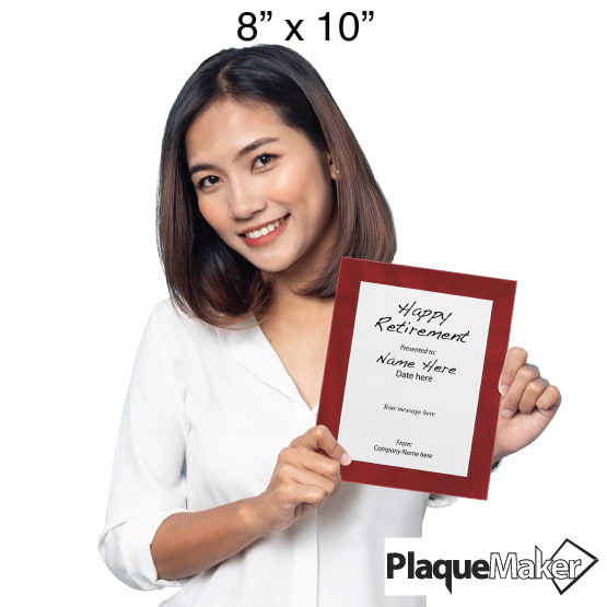 Size Guide With Woman Holding 8 By 10 White Aluminum Plaque With Red Acrylic Board And Printed Happy Retirement Message
