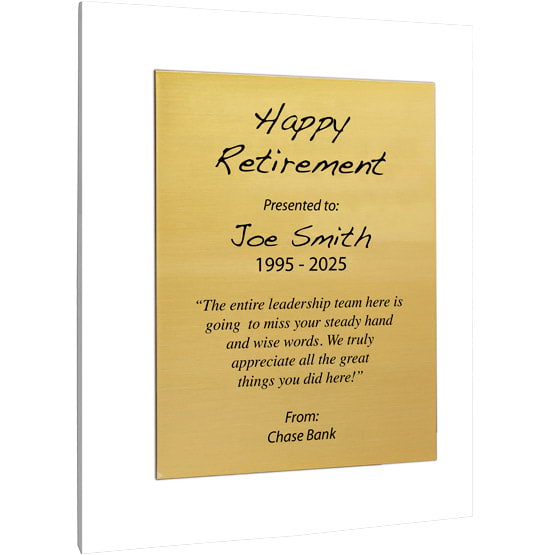 Custom Gold Aluminum Plaque With White Acrylic Board And Printed With Happy Retirement Message Against White Background