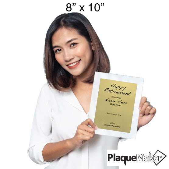 Size Guide With Woman Holding 8 By 10 Gold Aluminum Plaque With White Acrylic Board And Printed Happy Retirement Message