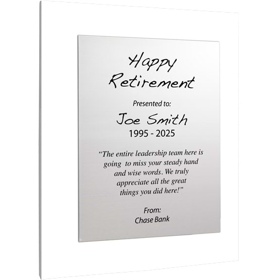 Custom Silver Aluminum Plaque With White Acrylic Board And Printed With Happy Retirement Message Against White Background