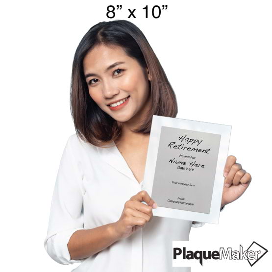 Size Guide With Woman Holding 8 By 10 Silver Aluminum Plaque With White Acrylic Board And Printed Happy Retirement Message
