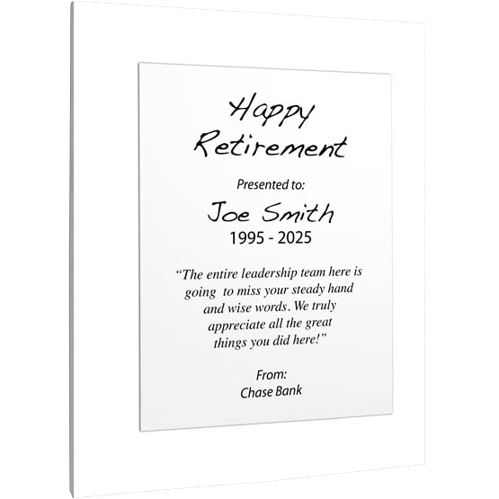 Custom White Aluminum Plaque With White Acrylic Board And Printed With Happy Retirement Message Against White Background