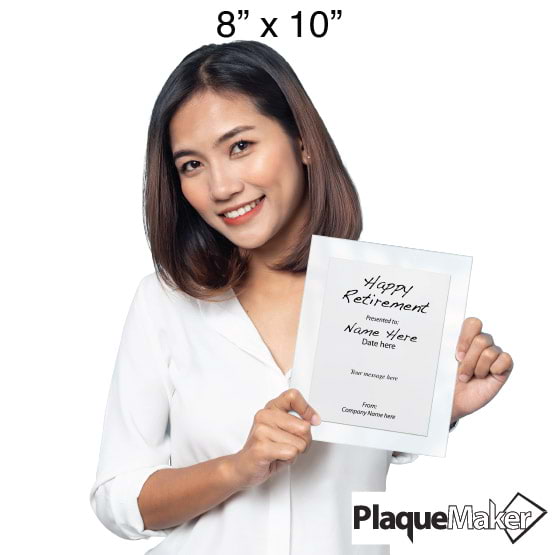 Size Guide With Woman Holding 8 By 10 White Aluminum Plaque With White Acrylic Board And Printed Happy Retirement Message