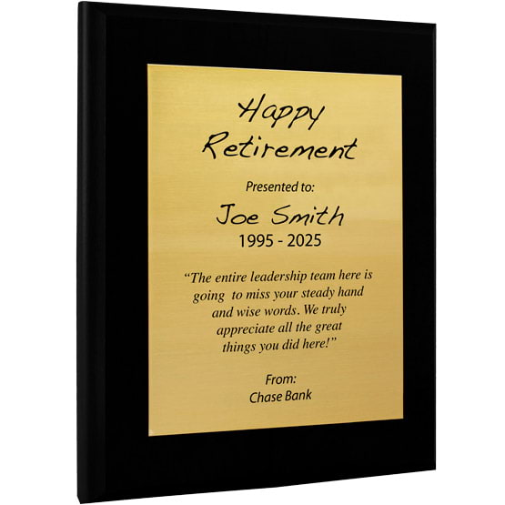 Custom Gold Aluminum Plaque With Black Board And Printed With Happy Retirement Message Against A White Background
