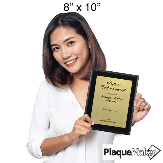 Size Guide With Woman Holding 8 By 10 Gold Aluminum Plaque With Black Board And Printed With Happy Retirement Message
