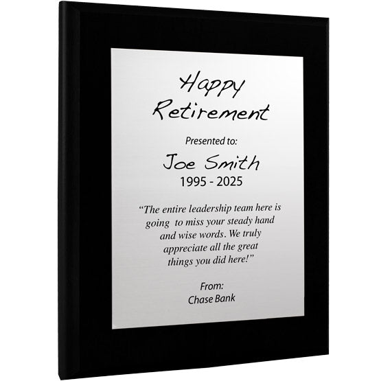 Custom Silver Aluminum Plaque With Black Board And Printed With Happy Retirement Message Against A White Background