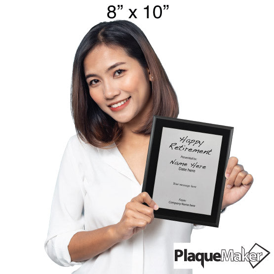 Size Guide With Woman Holding 8 By 10 Silver Aluminum Plaque With Black Board And Printed With Happy Retirement Message