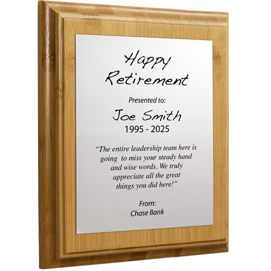 Custom Silver Aluminum Plaque With Bamboo Board And Printed With Happy Retirement Message Against A White Background