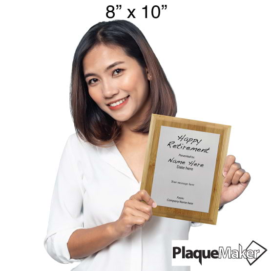 Size Guide With Woman Holding 8 By 10 Silver Aluminum Plaque With Bamboo Board And Printed With Happy Retirement Message