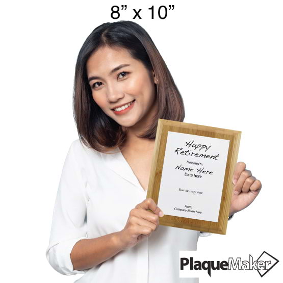 Size Guide With Woman Holding 8 By 10 White Aluminum Plaque With Bamboo Board And Printed With Happy Retirement Message