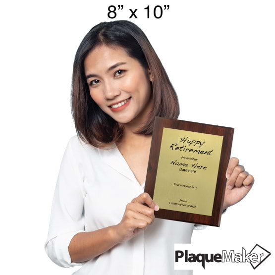 Size Guide With Woman Holding 8 By 10 Gold Aluminum Plaque With Cherry Board And Printed With Happy Retirement Message