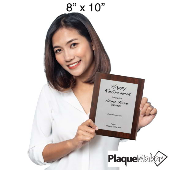 Size Guide With Woman Holding 8 By 10 Silver Aluminum Plaque With Cherry Board And Printed With Happy Retirement Message