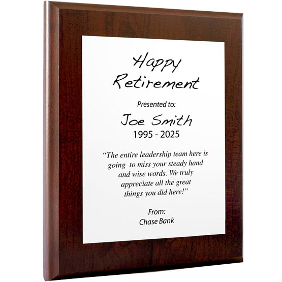 Custom White Aluminum Plaque With Cherry Board And Printed With Happy Retirement Message Against A White Background