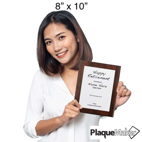 Size Guide With Woman Holding 8 By 10 White Aluminum Plaque With Cherry Board And Printed With Happy Retirement Message