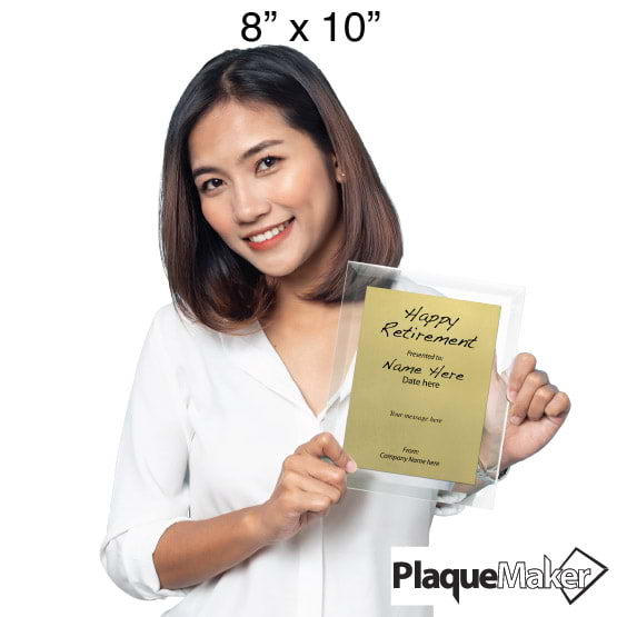 Size Guide With Woman Holding 8 By 10 Gold Aluminum Plaque With Glass Board And Printed Happy Retirement Message