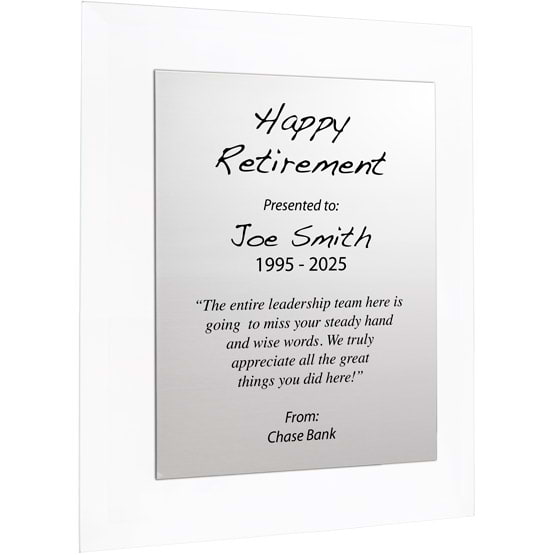 Custom Silver Aluminum Plaque With Glass Board And Printed With Happy Retirement Message Against A White Background
