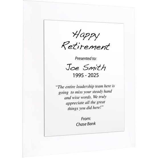 Custom White Aluminum Plaque With Glass Board And Printed With Happy Retirement Message Against A White Background