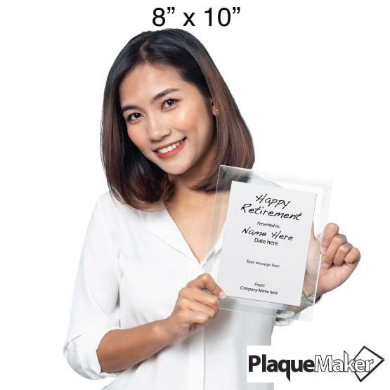 Size Guide With Woman Holding 8 By 10 White Aluminum Plaque With Glass Board And Printed Happy Retirement Message