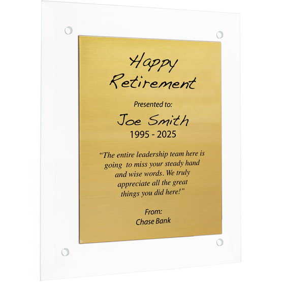 Custom Gold Aluminum Plaque With Glass Board With Holes And Printed With Happy Retirement Message Against White Background