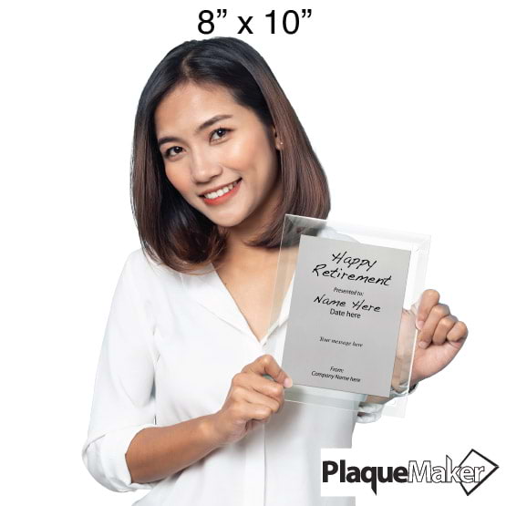 Size Guide With Woman Holding 8 By 10 Silver Aluminum Plaque With Glass Board With Holes And Printed Happy Retirement Message