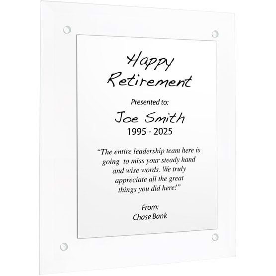 Custom White Aluminum Plaque With Glass Board With Holes And Printed With Happy Retirement Message Against White Background