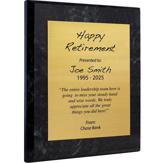 Custom Gold Aluminum Plaque With Marble Board And Printed With Happy Retirement Message Against A White Background