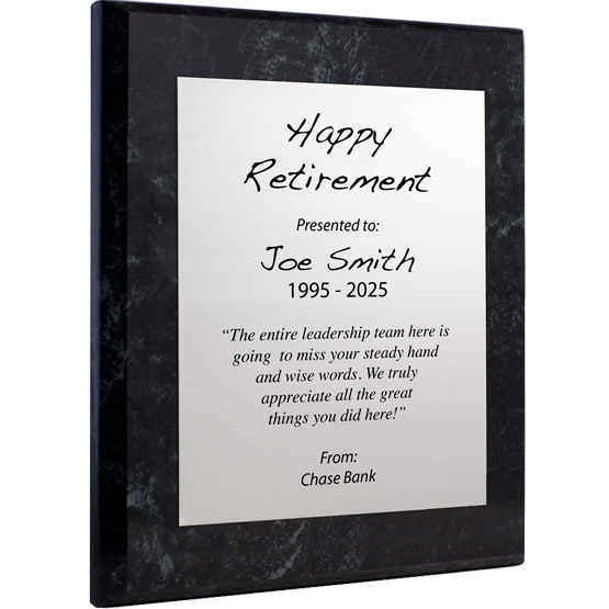 Custom Silver Aluminum Plaque With Marble Board And Printed With Happy Retirement Message Against A White Background