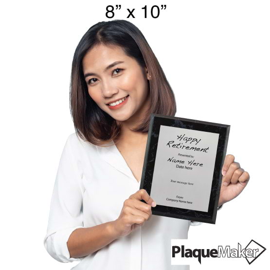 Size Guide With Woman Holding 8 By 10 Silver Aluminum Plaque With Marble Board And Printed With Happy Retirement Message