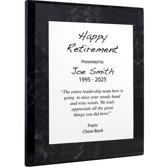 Custom White Aluminum Plaque With Marble Board And Printed With Happy Retirement Message Against A White Background