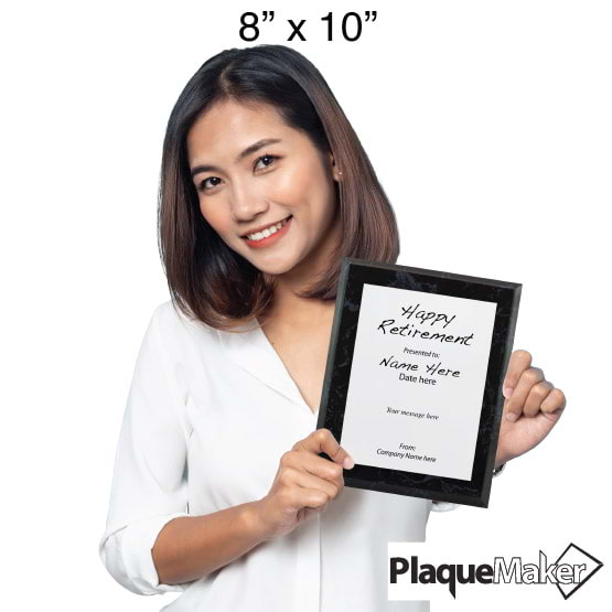 Size Guide With Woman Holding 8 By 10 White Aluminum Plaque With Marble Board And Printed With Happy Retirement Message