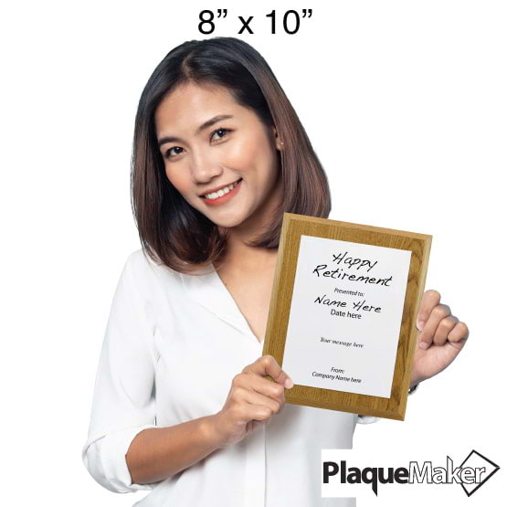 Size Guide With Woman Holding 8 By 10 White Aluminum Plaque With Oak Board And Printed With Happy Retirement Message