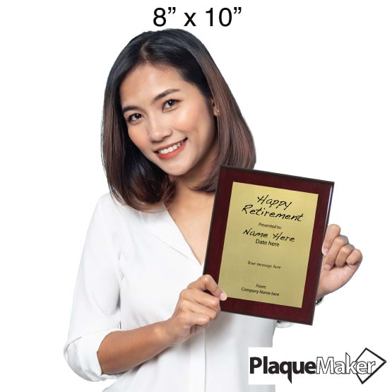 Size Guide With Woman Holding 8 By 10 Gold Aluminum Plaque With Rosewood Board And Printed Happy Retirement Message
