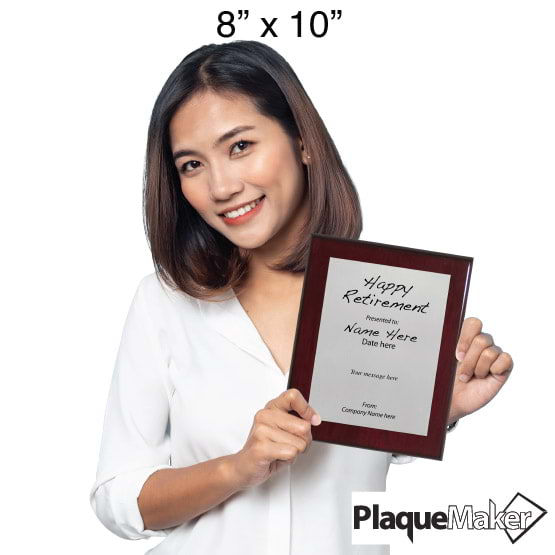 Size Guide With Woman Holding 8 By 10 Silver Aluminum Plaque With Rosewood Board And Printed Happy Retirement Message