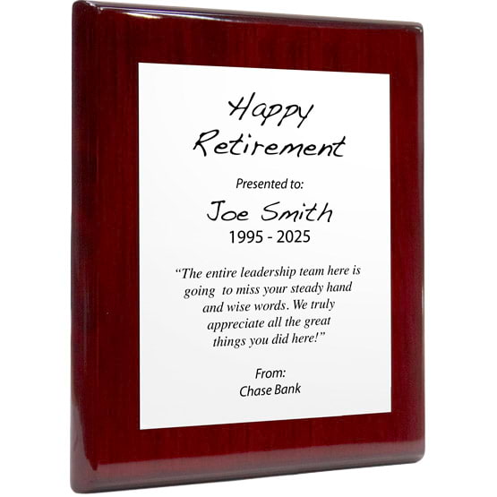Custom White Aluminum Plaque With Rosewood Board And Printed With Happy Retirement Message Against A White Background