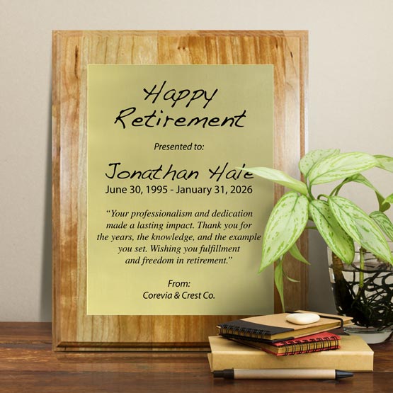 Gold Aluminum Plaque With Solid Cherry Board And Printed With Happy Retirement Message On Shelf With Plant And Notebooks