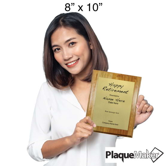 Size Guide With Woman Holding 8 By 10 Gold Aluminum Plaque With Solid Cherry Board And Printed With Happy Retirement Message