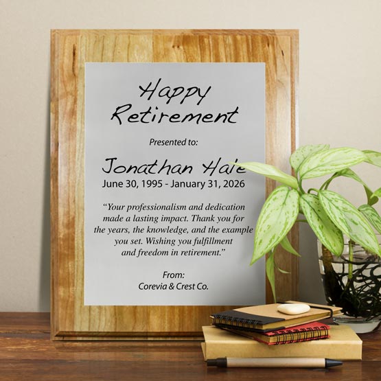 Silver Aluminum Plaque With Solid Cherry Board And Printed With Happy Retirement Message On Shelf With Plant And Notebooks
