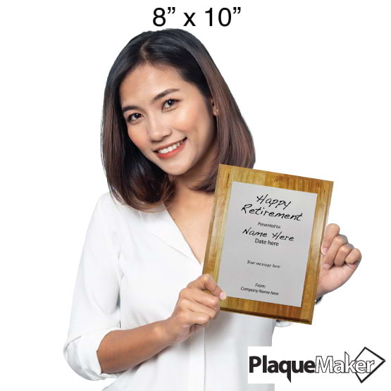 Size Guide With Woman Holding 8 By 10 Silver Aluminum Plaque With Solid Cherry Board And Printed Happy Retirement Message