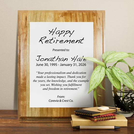 White Aluminum Plaque With Solid Cherry Board And Printed With Happy Retirement Message On Shelf With Plant And Notebooks