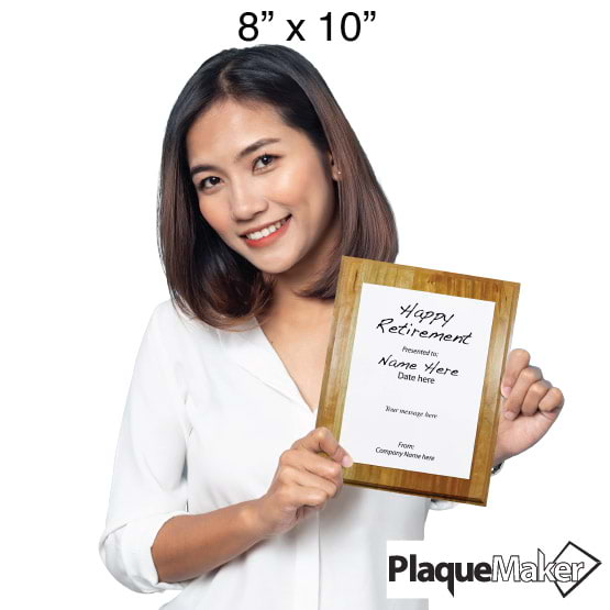 Size Guide With Woman Holding 8 By 10 White Aluminum Plaque With Solid Cherry Board And Printed With Happy Retirement Message