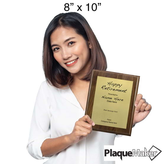 Size Guide With Woman Holding 8 By 10 Gold Aluminum Plaque With Solid Walnut Board And Printed Happy Retirement Message