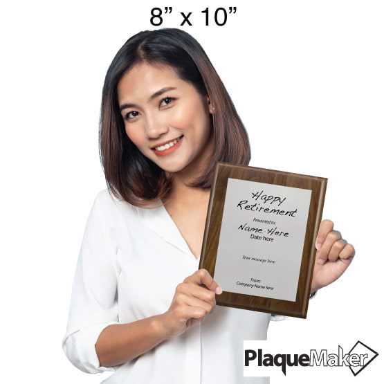 Size Guide With Woman Holding 8 By 10 Silver Aluminum Plaque With Solid Walnut Board And Printed Happy Retirement Message