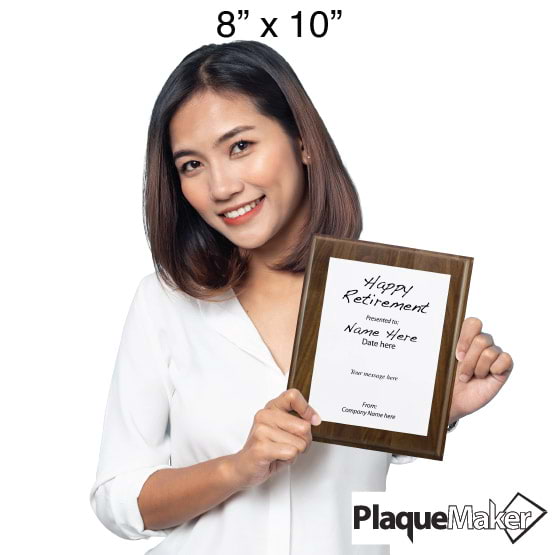 Size Guide With Woman Holding 8 By 10 White Aluminum Plaque With Solid Walnut Board And Printed Happy Retirement Message