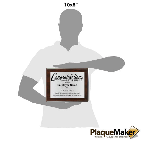 Size Guide Of Blank Figure Holding Custom Retirement Plaque With Silver Plate On Wood Board And Congratulations Message
