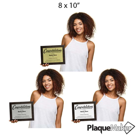 Size Guide Of Woman Holding Custom Retirement Plaque With Gold, Silver and White Plate On Wood Board And Congratulations Message