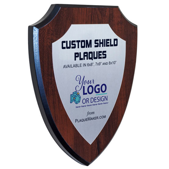 Custom Shield Shaped Silver Aluminum Plaque Printed To Show Customizable Areas For Text And Art Against White Background