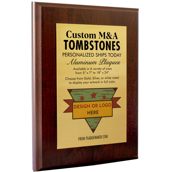 A custom plaque with a cherry wood board and gold metal plate mounted in the middle with personalized text printed on the front and placeholder art, set at an angle on a white background.