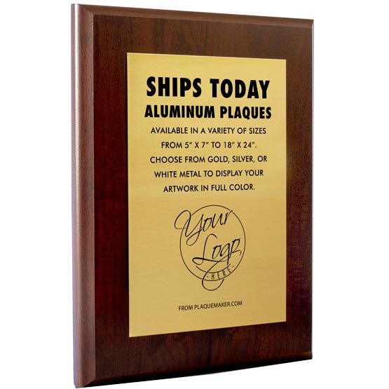 Custom Gold Aluminum Metal Plaque With Same Day Shipping And Wood Board Showing Customizable Areas For Details And Logo 